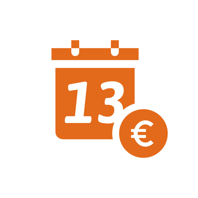 Ein Icon, das 13. Grundgehalt symbolisiert: ein Kalenderblatt mit der Zahl 13 und ein Eurozeichen