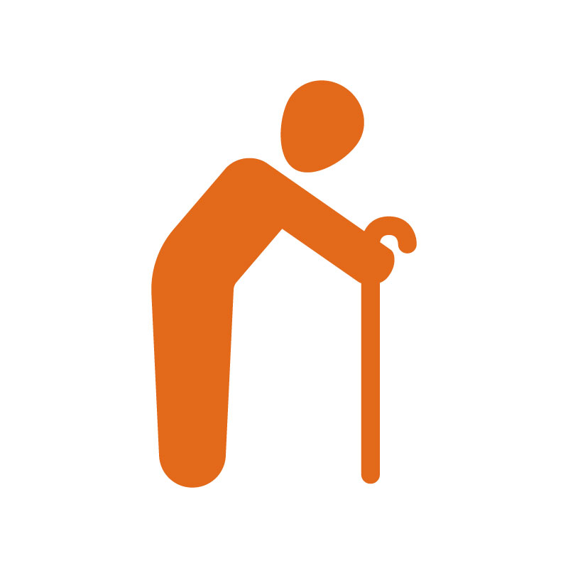 Ein Icon, dass betriebliche Altersvorsorge symbolisiert: eine nach vorn gebeugte Person an einem Gehstock