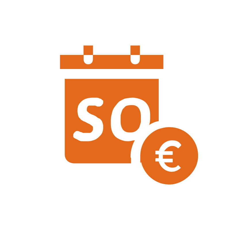 Ein Icon, das Gehaltszuschläge symbolisiert: ein Kalenderblatt mit dem Kürzel SO für Sonntag und ein Eurozeichen
