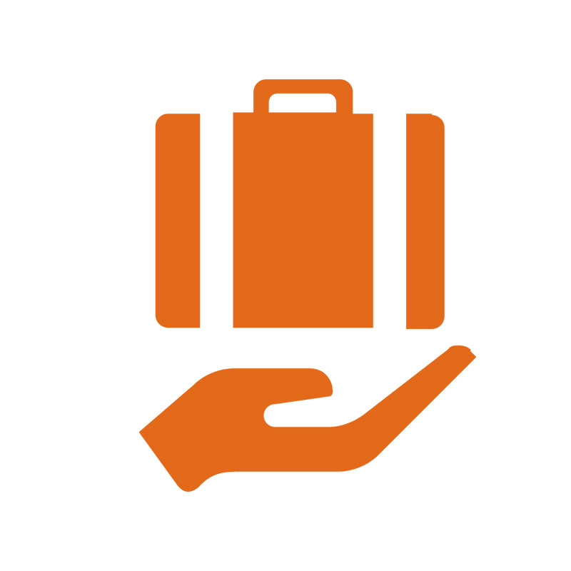 Ein Icon, das Unterstützung bei Wohnung & Umzug symbolisiert: ein Koffer, darunter eine helfende Hand