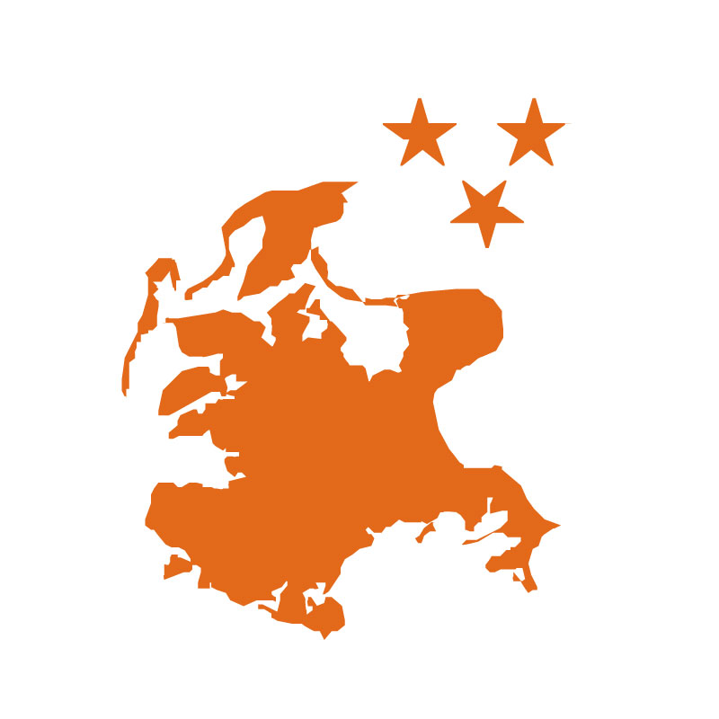 Ein Icon, das Lebens- und Arbeitsqualität auf Rügen symbolisiert: die Umrisse der Insel Rügen, oben rechts drei Sterne