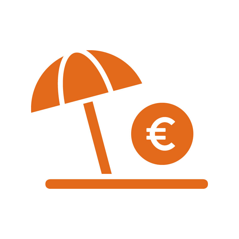 Ein Icon, das Urlaubsgeld symbolisiert: links ein Sonnenschirm, rechts ein Eurozeichen